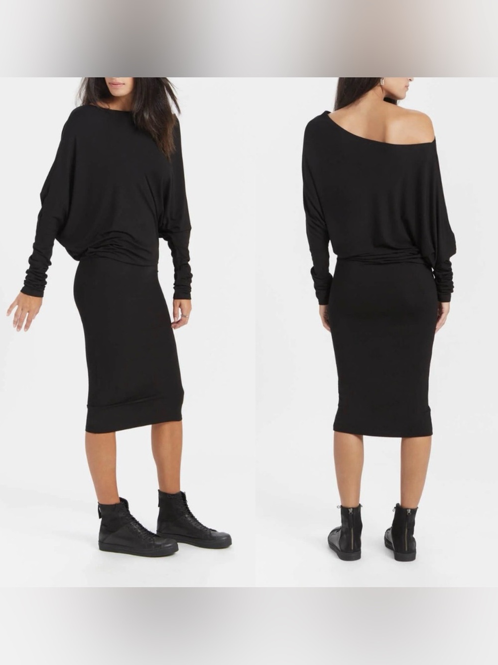 MARCELLA Black Asymmetrical Boat Neck Cowl Dress